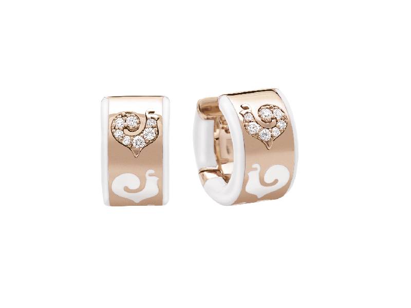 18KT ROSE GOLD HOOP EARRINGS WITH DIAMONDS PAVE ROOSTERS AND WHITE ENAMEL  CAROUSEL CHANTECLER 41311